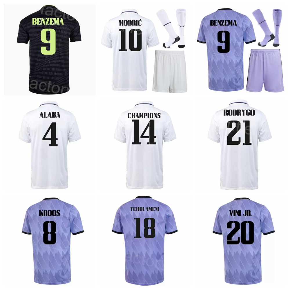 Man Youth 2022-23 Soccer 9 Karim Benzema Jersey Set Club 18 Aurelien Tchouameni 10 Luka Modric 8 Toni Kroos 7 Eden Hazard 20 Vinicius Kits de mai