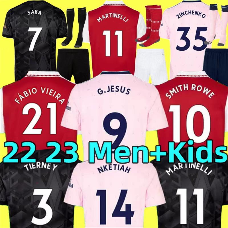 

22 23 SAKA Gabriel Jesus soccer jerseys SMITH ROWE ODEGAARD FABIO VIEIRA PEPE TIERNEY MARTINELLI NKETIAH 2022 2023 red home away Pink third football shirt Men Kids kit, 22-23 third kids