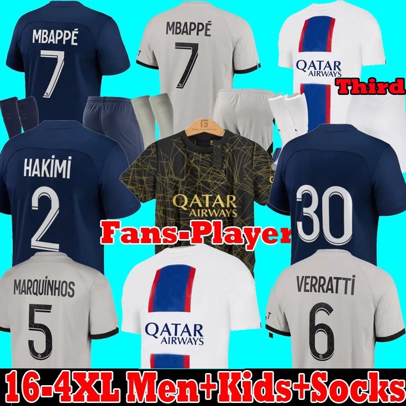 

S-4XL MBAPPE psGS soccer jersey 22 23 HAKIMI SERGIO RAMOS WIJNALDUM Maillots football shirt 2022 2023 men kids kit sets uniform enfants Fans PLAYER 30 10, 22 23 away+patch