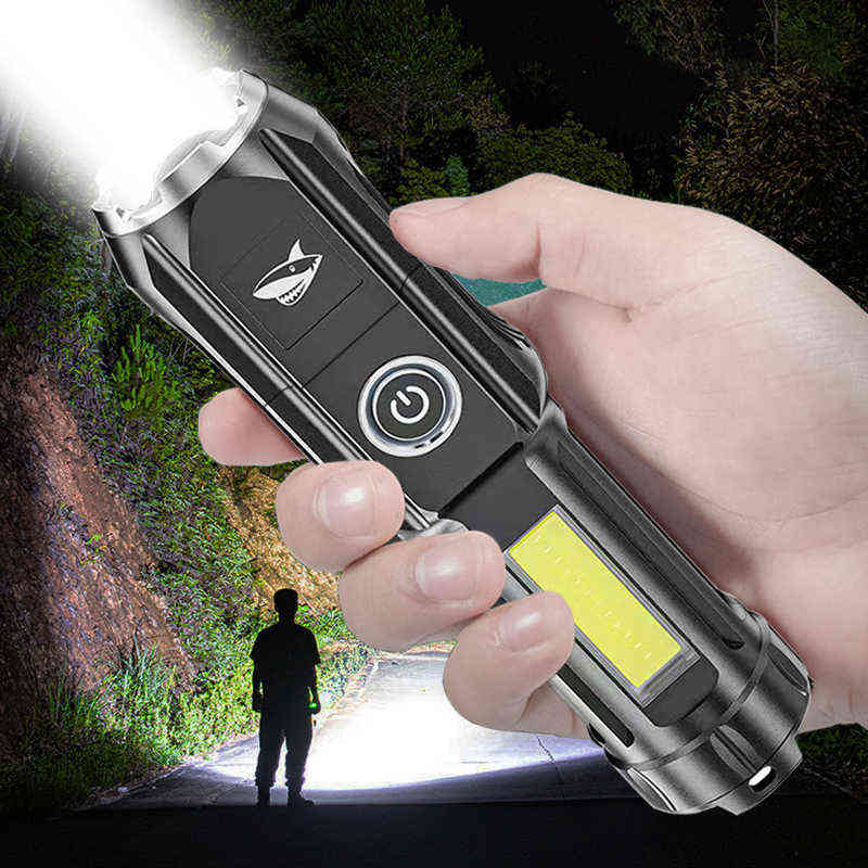 Bright Led Flashlight Usb Rechargeable Zoomable Flash Light With Cob Built-in 18650 Battery Outdoor Camping Hiking Torch J220713