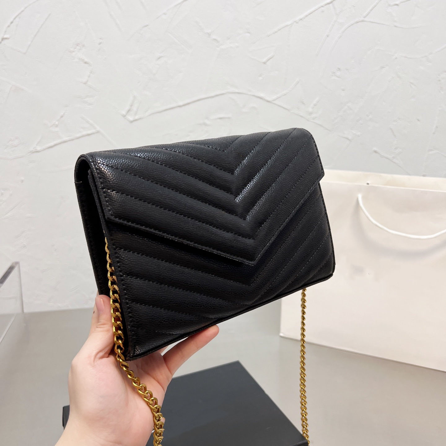 

Evening Bags Woman Bag Handbag Purse Original Box Genuine Leather High Quality Women Messenger cross body chain, Black with black chain
