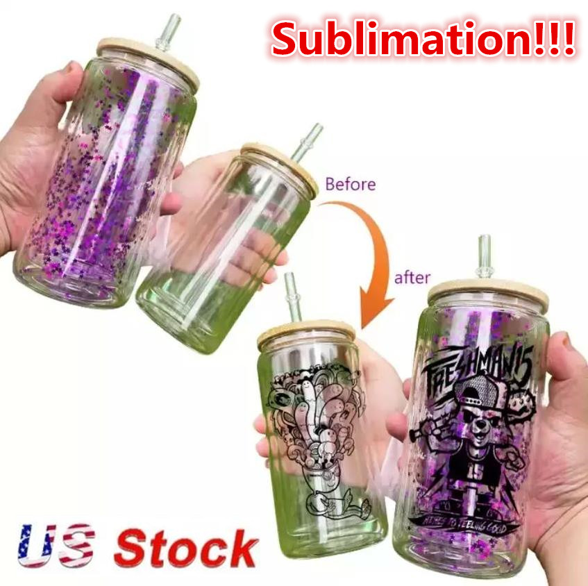 

Snow Globe Sublimation Blank Tumblers 12oz 16oz 20oz Glass Beer Mugs Can Shaped Cups Soda Drinking Mason Jar Juice Glasses Double Wall US Stock, Frosted with lid and straw