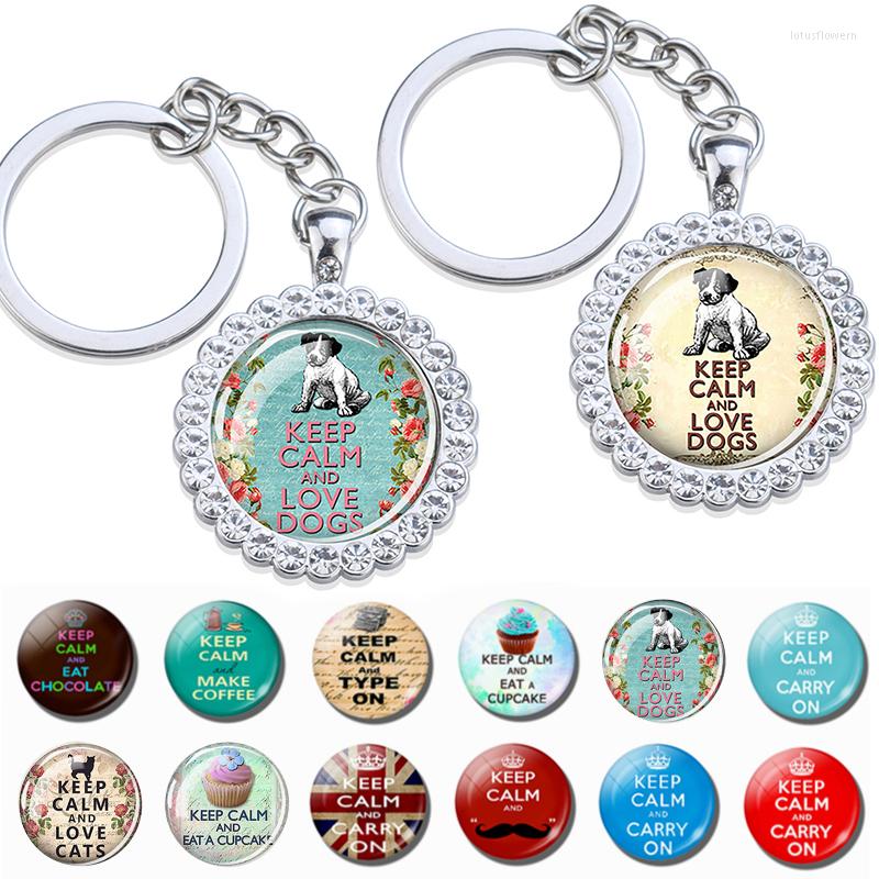 

Keychains Keep Calm And Carry On Love Cats Dogs Quote Keychain For Women Glass Cabochon Silver Plated Keyring Rhinestone Jewelry