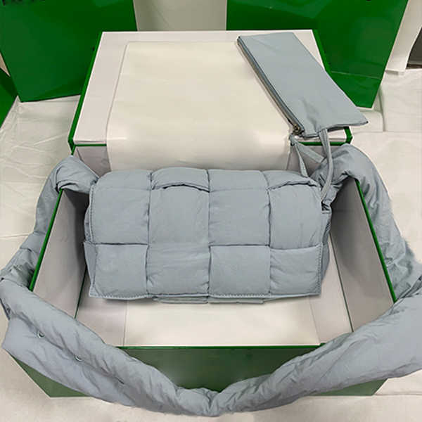 

Designer Multicolor B Crochet nylon bags Fluffy down filled braided shoulder bag Weave cross body flap Waist bag Adjustable strap handbag, Light grey