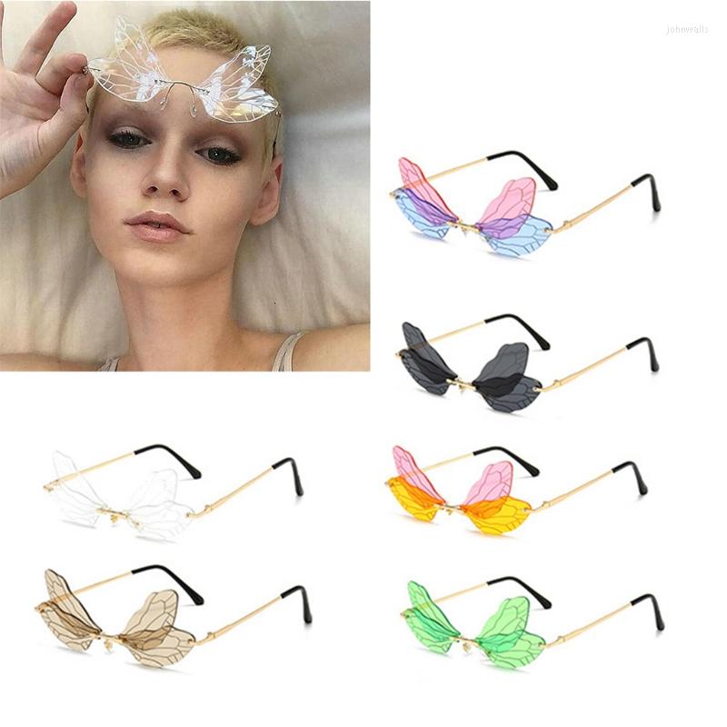 

Sunglasses Fashion Rimless Dragonfly Wing Women Vintage Party Transparent Lens Eyewear Glasses Dual Color Shades Sun
