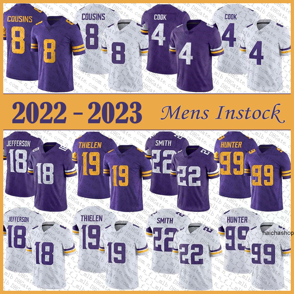 

Jersey Minnesota''Vikings''18 Justin Jefferson 19 Adam Thielen 4 Dalvin Cook 8 Kirk Cousins 22 Harrison Smith Hunter High qualit''nfl''jerseys, Shown