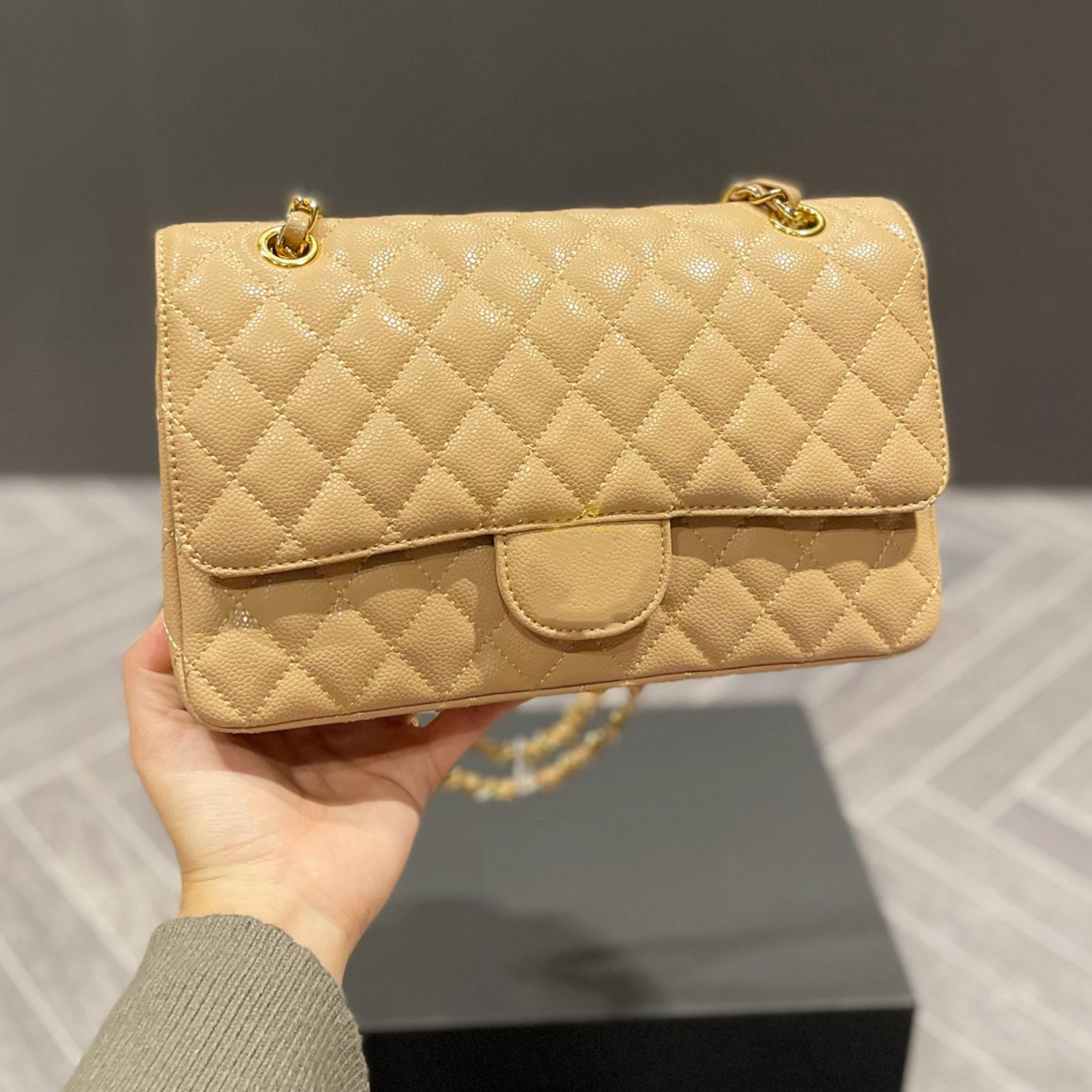 

Womens Classic Caviar Double Flap Bags Top Calfskin Quilted Plaid Gold Hardware Chain Crossbody Shoulder Sacoche Multi Pocket French Designer Handbags 26x17CM, Box