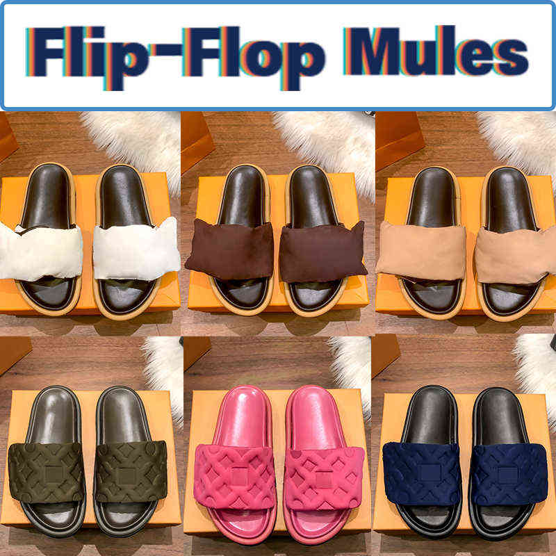 

Mules Pillow Flat Comfort Slippers Pool Men Women Embossed Slides Summer Beach Sandals Ivory Copper Deep Blue Triple Black Mens Luxury Flip, Shoe box