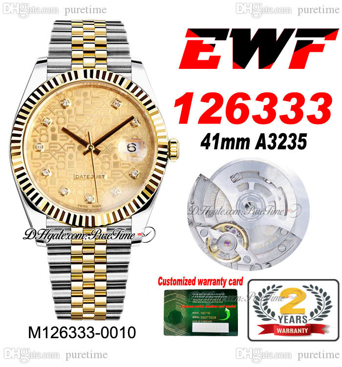 

EWF 126333 A3235 Automatic Mens Watch Two Tone Yellow Gold Fluted Bezel Champagne Logo Diamond Dial JubileeSteel Bracelet Super Edition Same Series Card Puretime D4