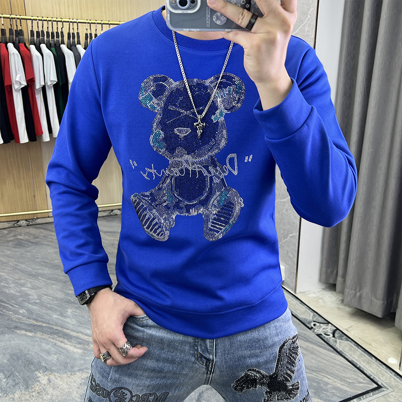

Men's New Design Hoodies Bear Rhinestone Heavy Craft Sweatershirts Autumn Winter New Male Blue Long Sleeve Bottoming Shirt Man Clothes M-5XL