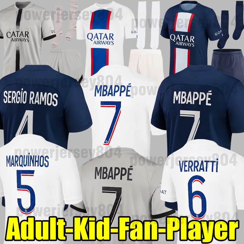 

22 23 PSGs MBAPPE MESSIS soccer jerseys DI MARIA WIJNALDUM SERGIO RAMOS HAKIMI third Maillots de football shirts kit ICARDI VERRATTI Vitinha Donnarumma 68523, Third kids
