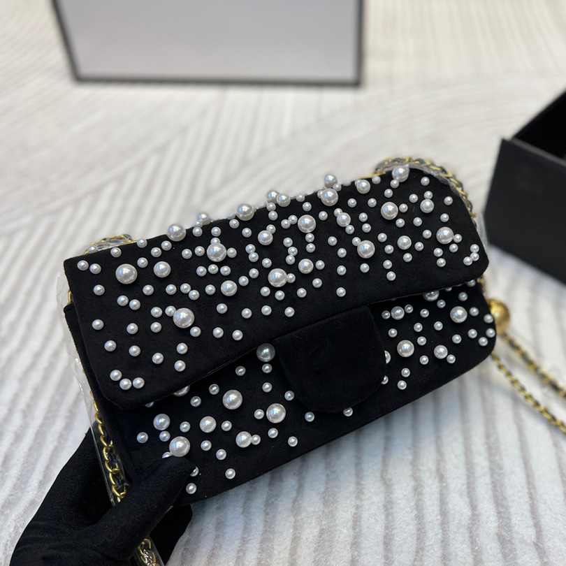 

France Womens Classic Mini Flap Pearl Bags With Crush Gold Ball GHW Metal Hardware Matelasse Chain Crossbody Shoulder Turn Lock Female Portable Handbags 23X14CM, Box