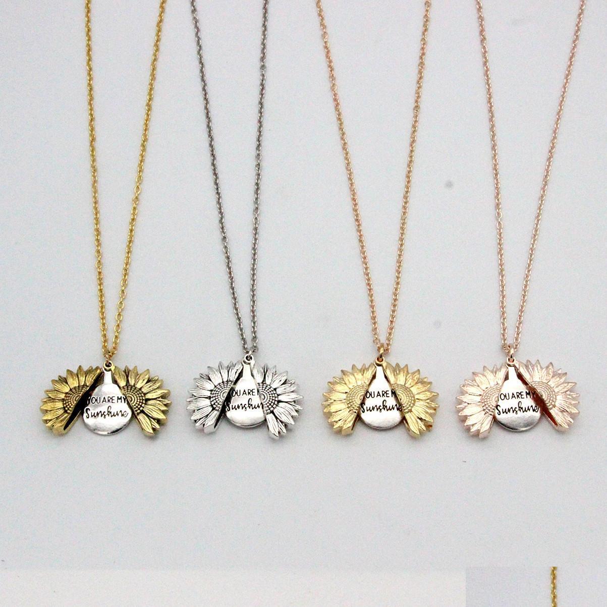 

Pendant Necklaces Fahion Sunflower Necklace Valentine Gift Gold Locket Can Open Pendant You Are My Sunshine Engraved Clavicle Chain F Dhkec