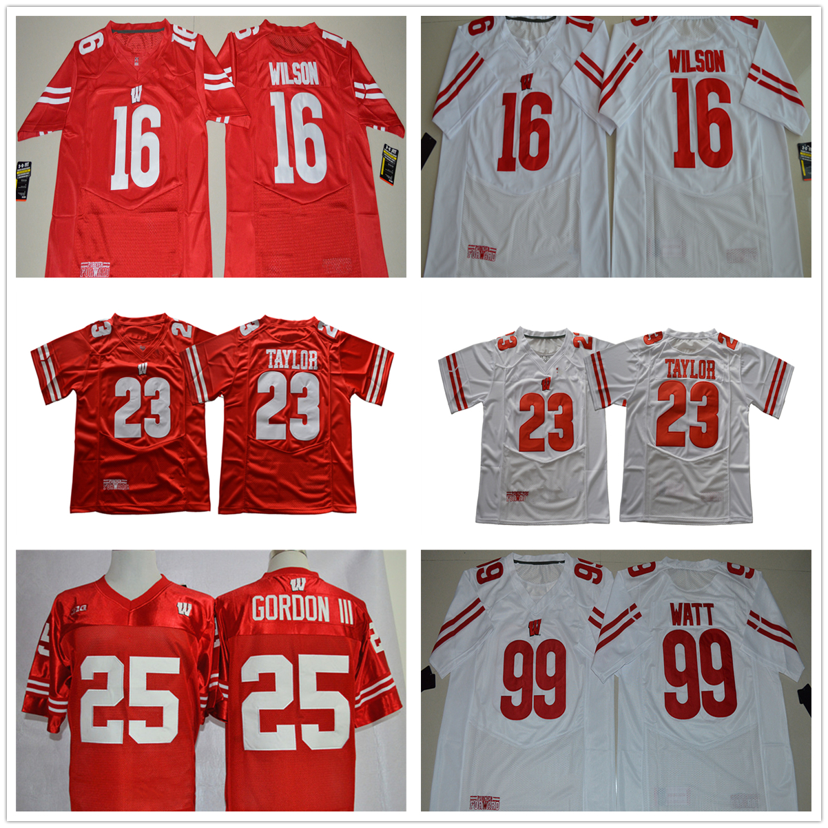 

NCAA Wisconsin Badgers College Football Jerseys 16 Russell Wilson 23 Jonathan Taylor 25 Melvin Gordon 99 J.J Watt, Same as picture
