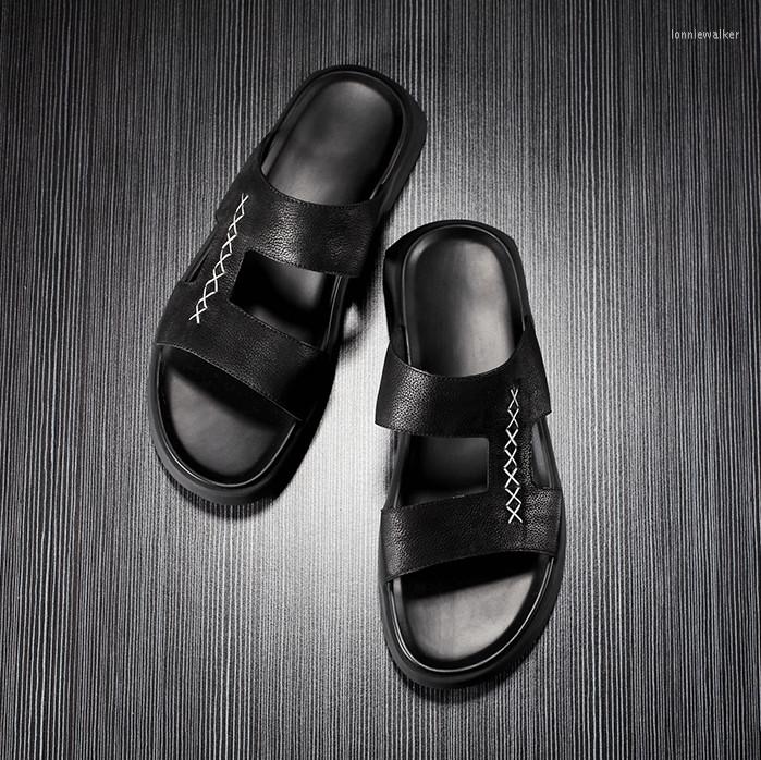 

Sandals Male Summer Black Beach Slippers Top Quality Fashion Brand Slides Mens Soft Cow Leather Outdoor Breathable Non-slip, Picture shown