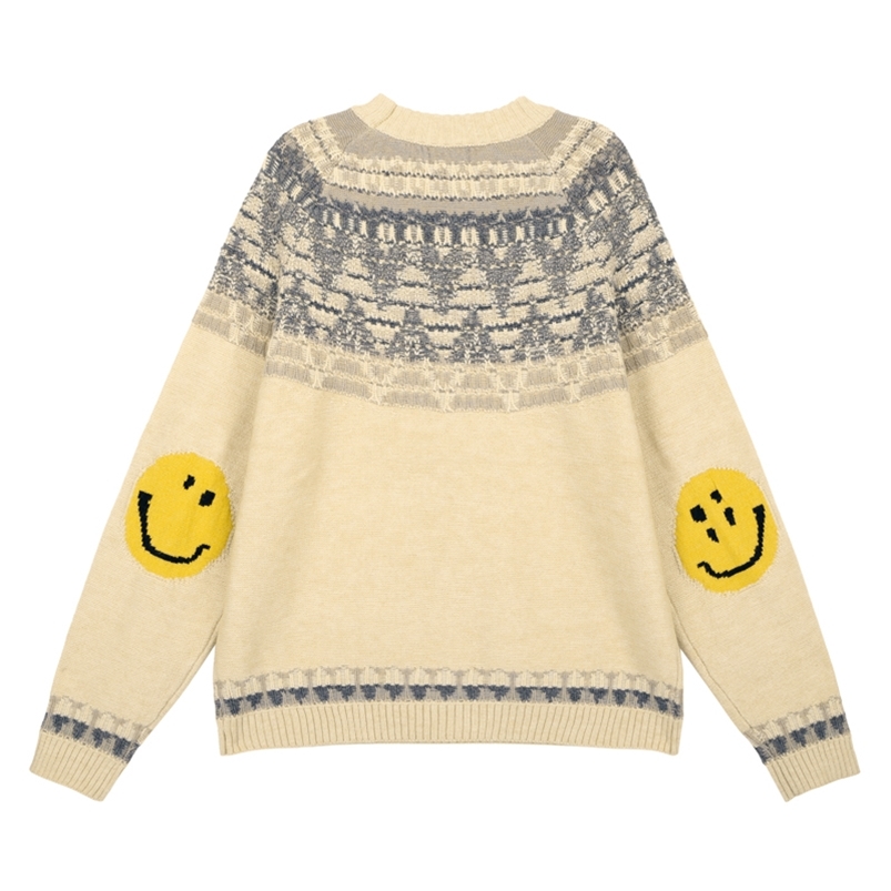 Men s Sweaters Kapital Beige Loose Patchwork Shoulder Smiley Hoodie Men Women Hip Hop Vintage Wool Knitt Crewneck Pullover 220908