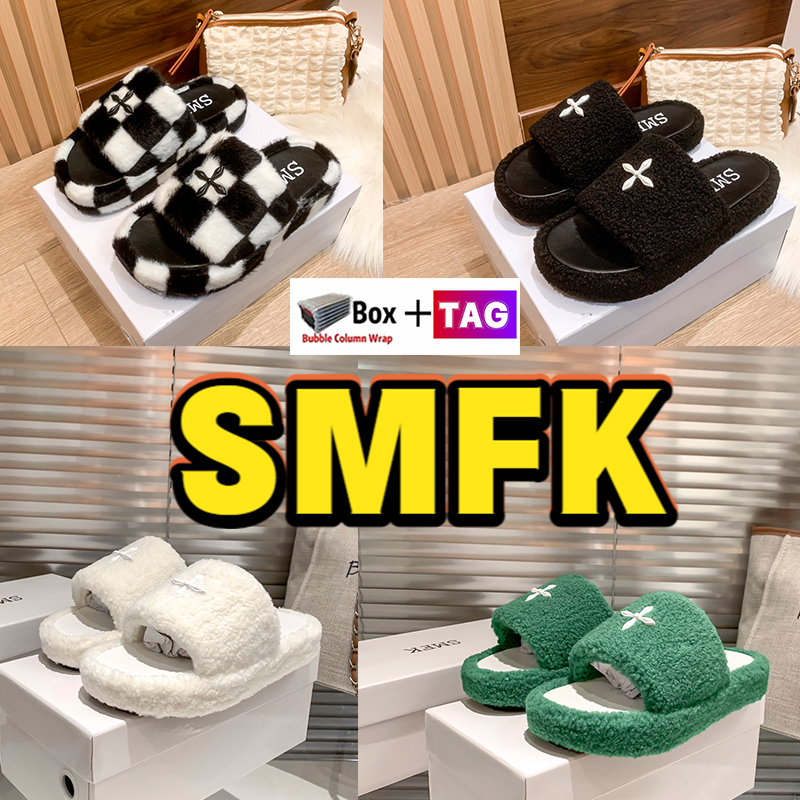 

SMFK Women Slippers warm Shearling Slide Low Heel Slides Compass Bumper Baroque Style Sandals Indoor Casual Sandal Fashion plush fur slipper womans Scuffs, No.7- shoes box