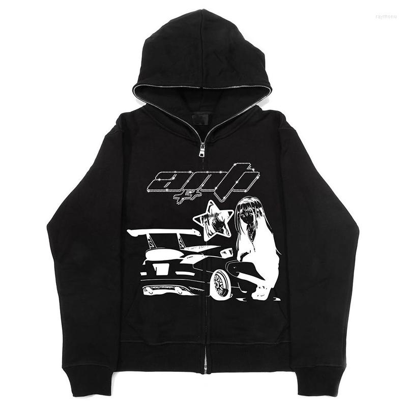 

Men' Hoodies Harajuku Cartoon Anime Print Zip Up Hoodie Y2K Graphics Woman Goth Sweatshirt Black Long Sleeve Vintage Punk Winter Clothes