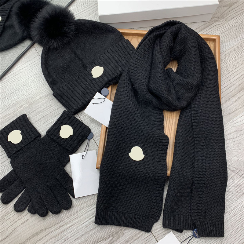 

Wool Beanies Scarves Gloves 3 Piece Suit Fox Pom Pom Ball Hat Scarf Couple Sports Knitted Skull Caps With Tags