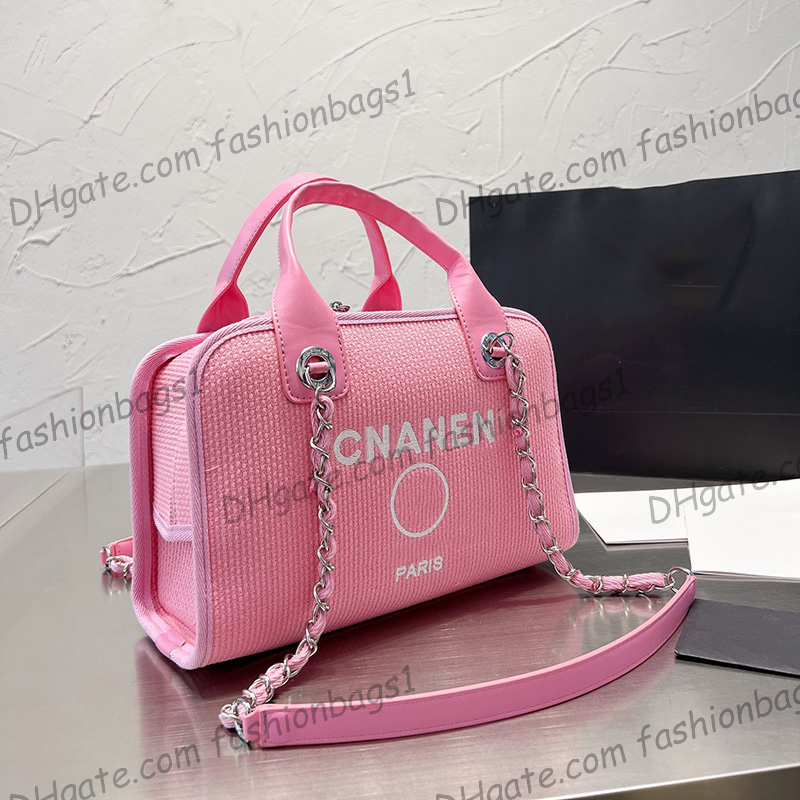 

Womens Canvas Embroidery Letter Box Bags Travel Deauville Clutch With Chain Silver Hardware Crossbody Shoulder Large Capacity Handbags For Holiday 29X18CM