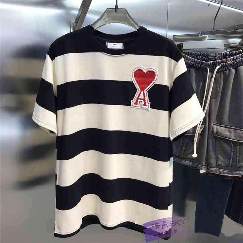 T Shirts Mens Classic Amies Trendy Oversize Love Embroidery Stripe Short Sleeve Casual Cotton Fashionable Polo Shirt