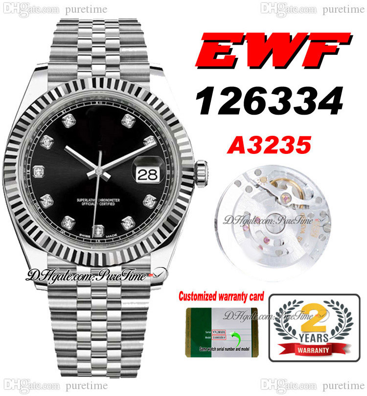 

EWF Just 126334 A3235 Automatic Mens Watch 41mm Fluted Bezel Black Dial Diamonds Markers JubileeSteel Bracelet Super Edition Free Same Series Card Puretime D4, Customized warranty card
