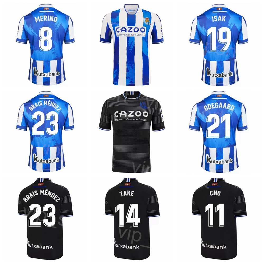 

22-23 Soccer Real Sociedad 6 Aritz Elustondo Jerseys 33 Jon Karrikaburu 11 Mohamed Ali-Cho 14 Takefusa Kubo 21 David Silva 19 Alexander Isak Football Shirt Kits Sport, With patch