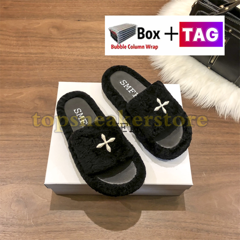 

SMFK Women Slippers warm Shearling Slide Low Heel Slides Compass Bumper Baroque Style Sandals Indoor Casual Sandal Fashion plush fur slipper, No.2- black