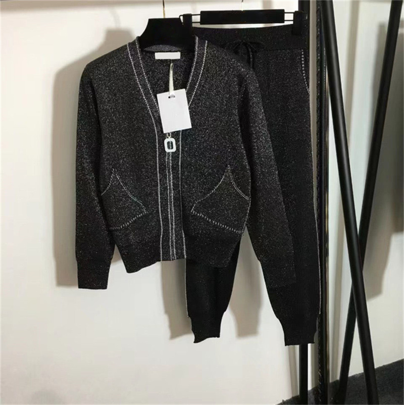 

Women's Two Piece Pants Early Fall New Flash Silk Cardigan Small Foot Pants Of Feminine Versatile Pocket Knitted Gold Thread Set For Women, Extra shipping cost