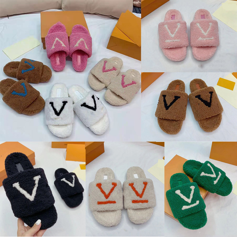 

Winter Fluffy Wool Slipper Sandals Designer Luxury Fur Slides Woman Warm Comfort Flat Mules Indoor Plush Shoes With Dust Bag, 19#