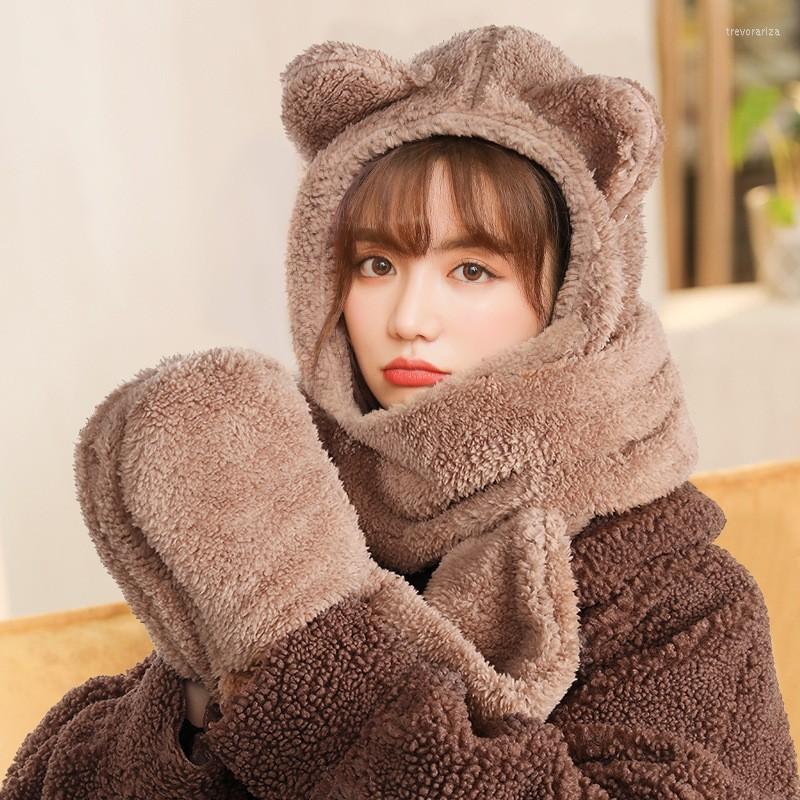 

Beanies Fashion Winter Women Caps Windproof Warm Ear Hat Casual Plush Scarf Set Solid Present 2022, As shown