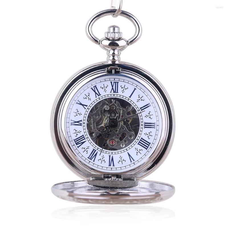 

Pocket Watches Lot Silver Pendant Mechanical Watch Double Open With Metal Chain Steampunk Roman Number Unisex, 5pcs