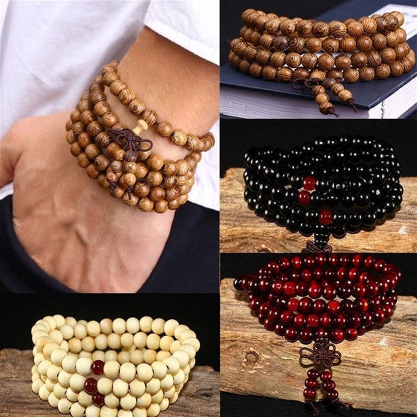 

108 Beads 8mm Natural Sandalwood Buddhist Buddha Wood Prayer Beaded Knot black ebony Unisex Men Bracelets & Bangles for Women218F