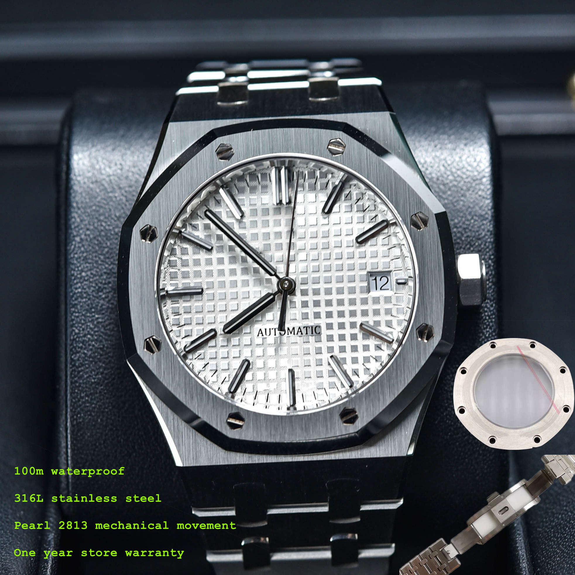 

316L Stainless Steel Top Luxury Brand High Quality Men Pearl 2813 Automatic Mechanical Watch 100m Waterproof Male -Audemar-Pig Wristwatch Relogio Masculino, Box