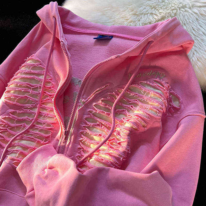 

Women's Hoodies Sweatshirts Y2K Harajuku Women Autumn Winter Hip Hop Zipper Butterfly Hollow Out Aesthetic Hooded Sweatshirt Female Jacket Coat Y220909, Brown
