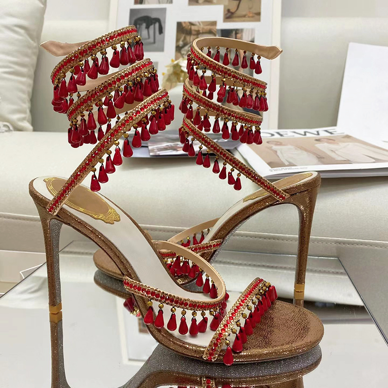 

Green chandelier elegant evening sandals shoes crystal thin high heels women's Heel Ankle Strap wrap designer banquet dress shoes, Red