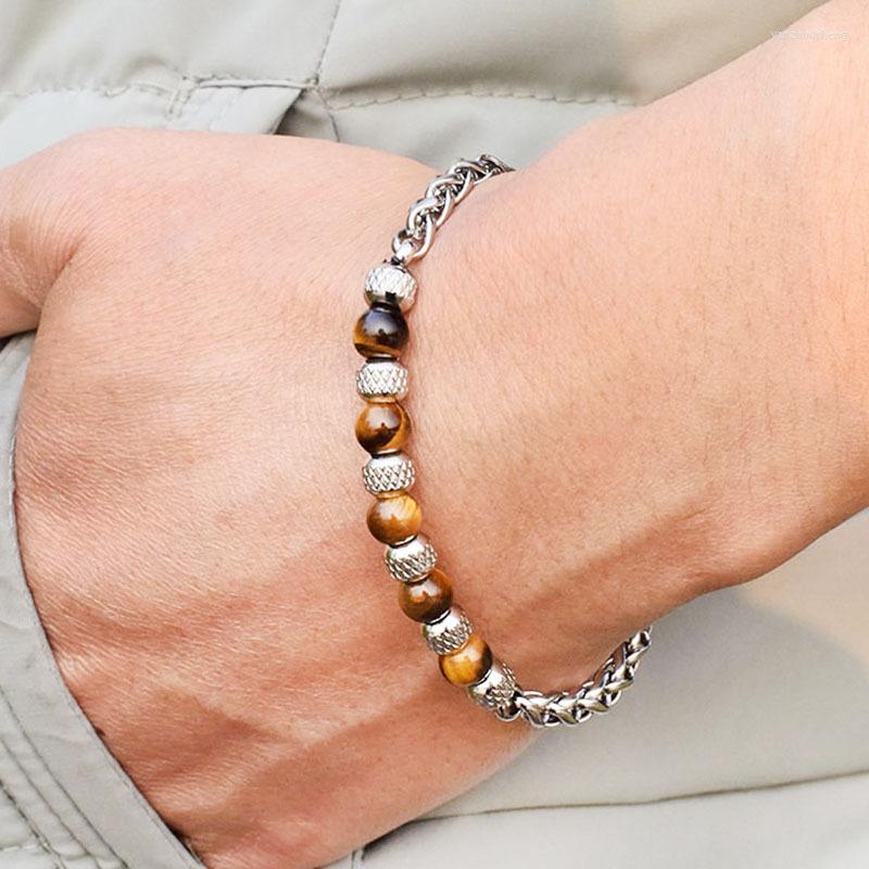 

Link Bracelets Diffone Bracelet For Men 6mm Small Beads Braslet Adjustable Stainless Steel Braclet Natural Tiger Eye Stone Brazalete