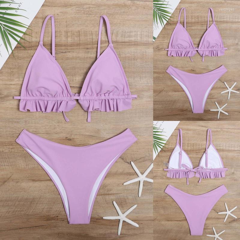 

Women' Swimwear Sexy Women Halter Ruffled Bikini Female Swimsuit Two-pieces Set Bather Bathing SuitBrazilian Biquini 2022 Summer, Purple