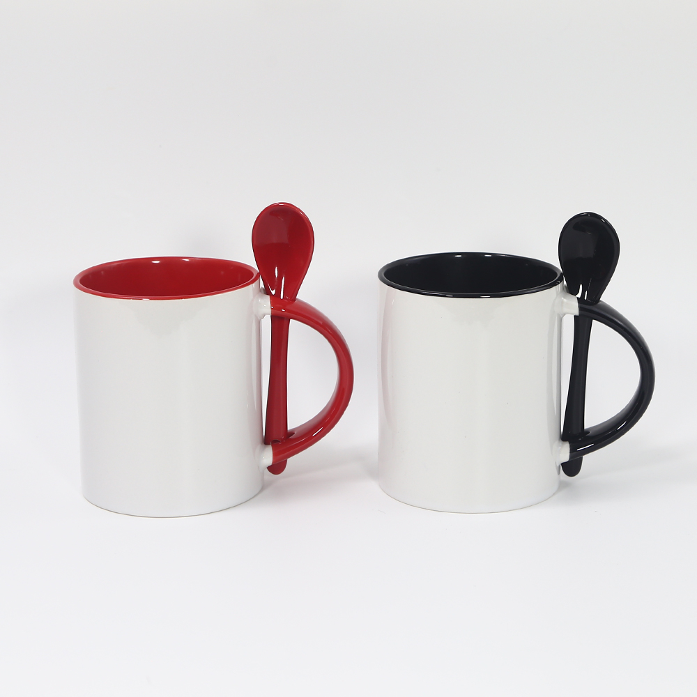 

US warehouse 11oz sublimation Insert spoon ceramic mugs coffe mugs Pearlescent cup with white handle cups, Multi-color