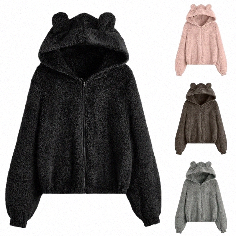 Women's Fur & Faux Fur women's Fur & Faux Hoodies Casual Fashion Solid Color Cute Plush Zippe Loose Long Sleeves Hoodie Jacket Women Su