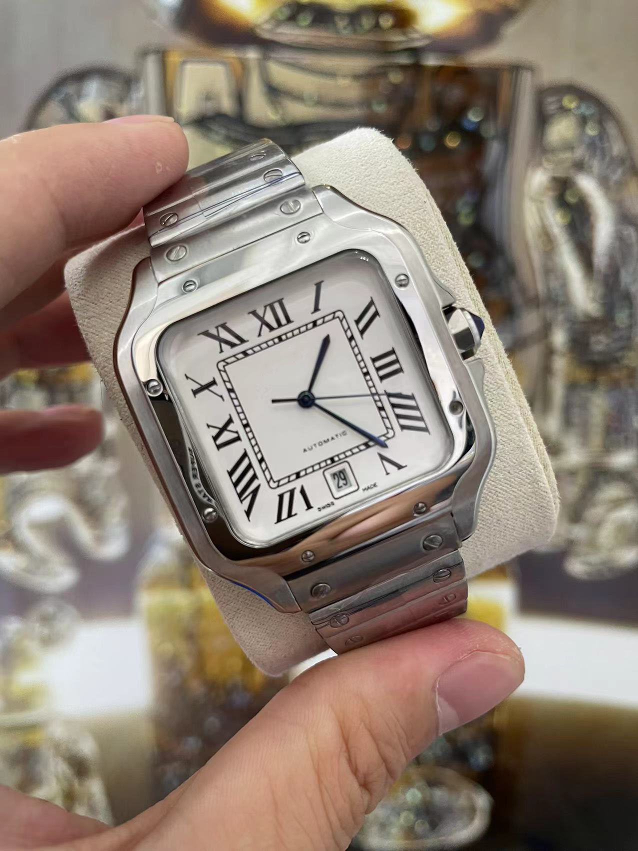 

classic men Luxury Square Watch 40mm Geneve Genuine Stainless Steel Mechanical Watch Case and Bracelet Fashion, 0.8