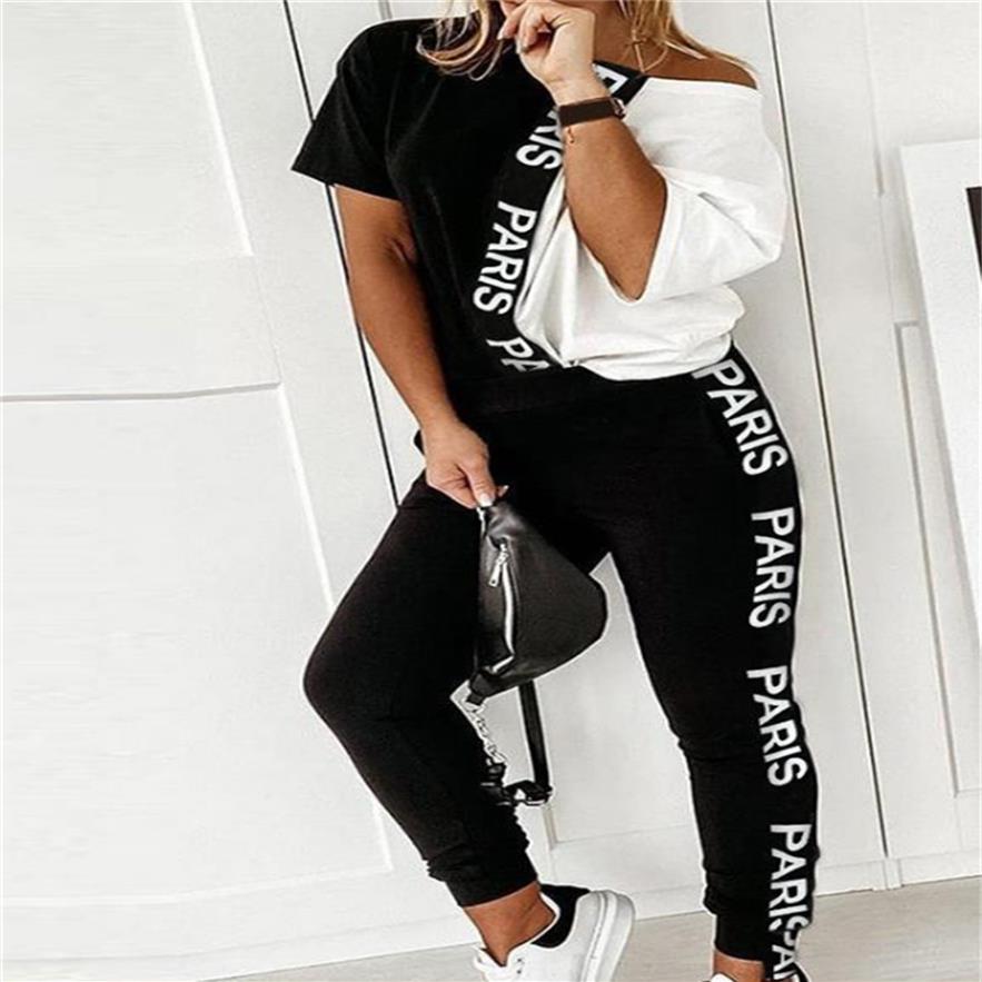 

Fashion Womens Active Tracksuits New Women Two Piece Set Sports suit Female Tops High Waist Long Pants 2 PCS letter Printed Tracks2569, Black white