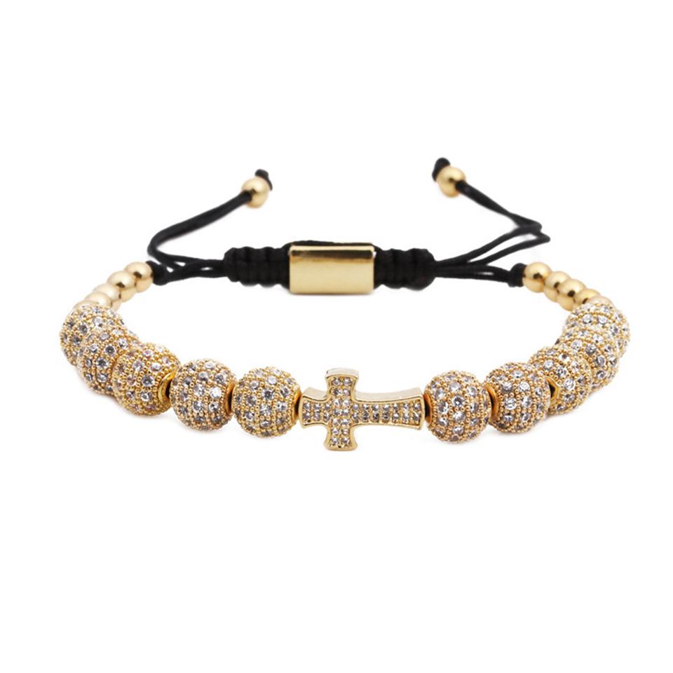 

Hand Braiding Jewelry 18K Gold Plated Copper Bead 8mm CZ Balls Cross Macrame Bracelet261S