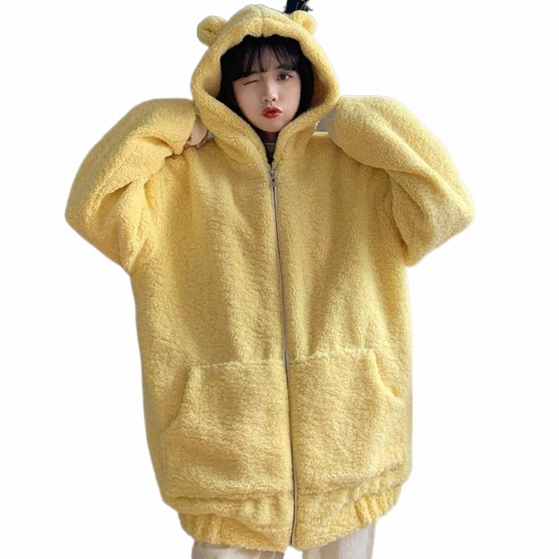 Women's Fur & Faux Fur women's Fur & Faux Winter Cashmere Coats Women Kawaii Cute Bear Ear Cap Warm Outwear Lamb Coat Harakuju Solid Color