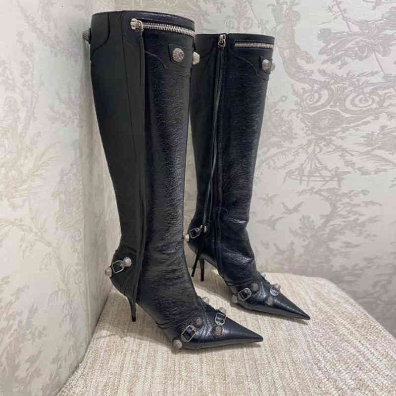 

Knee-High Shoes Boots Tall Boot Designers Shoe Factory Footwear Cagolelambskin Leather Stud Buckle Embellished Side Zip Pointed Toe Stiletto 6FP9, 2# shoe box