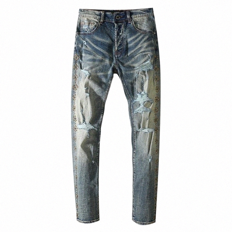 Men's Jeans men's Jeans Men Rivet Stretch Denim Streetwear Holes Ripped Slim Skinny Pencil Pants Vintage Trousers G9M2#-image-801406082