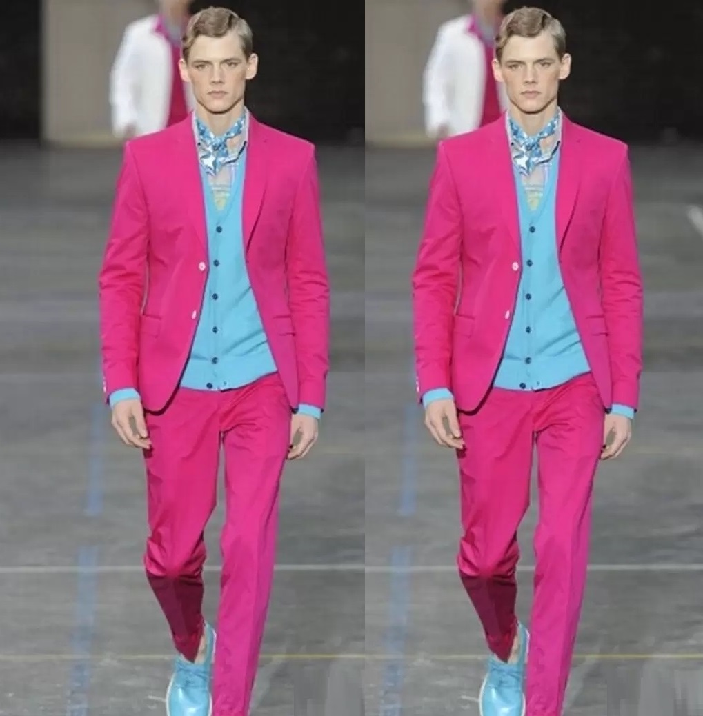 Hot Pink Men Wedding Tuxedos Notch Lapel Two Button Groom Best Popular Dress Business Dinner Darty Suit Jacket Pants