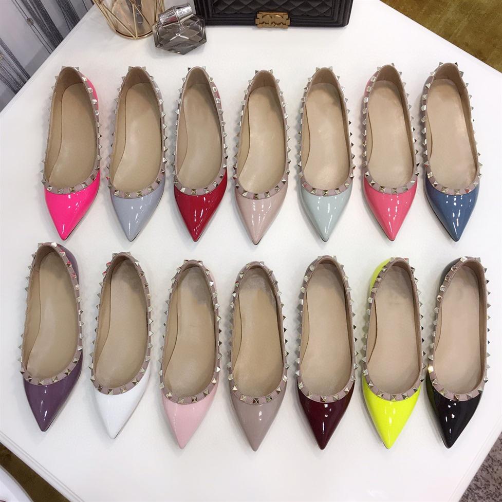 

Designer Luxury Rockes Studded Women dress shoes pointed toe Patent leather rivet loafers summer Boat Woman Ballet Flat heel wedding pa281b, Picture 13