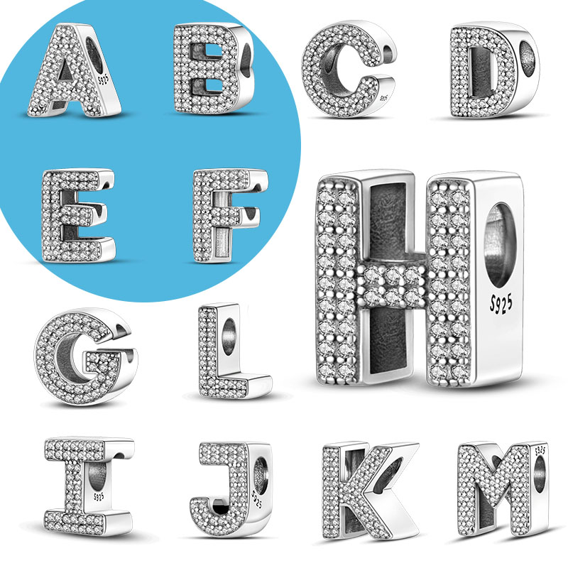 

925 Silver Charm Beads Dangle English Alphabet Letter A-Z Charm Name Bead Fit Pandora Charms Bracelet DIY Jewelry Accessories