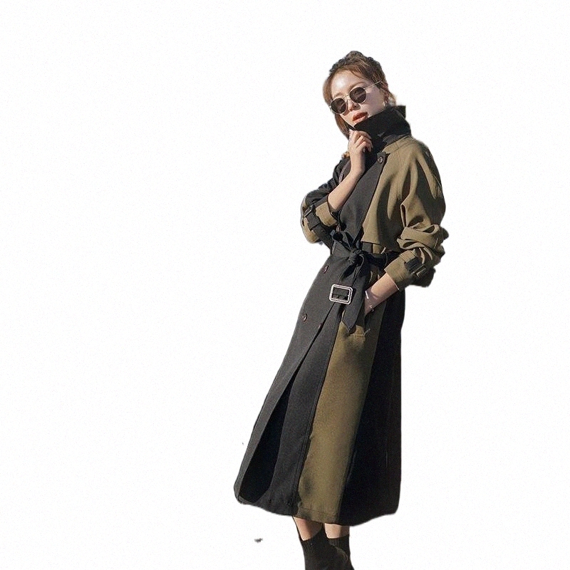 Women's Trench Coats women's Trench Coats 2021 KoRea Beautiful Green Coat Autumn Lapel Loose Lace Up Waist Double Breasted Long Sleeve Win